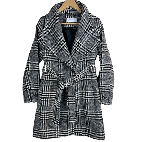 Calvin Klein Jackets & Blazers - Calvin Klein Womens Trench Coat Black White Glen Check Buttons Lined Pockets S